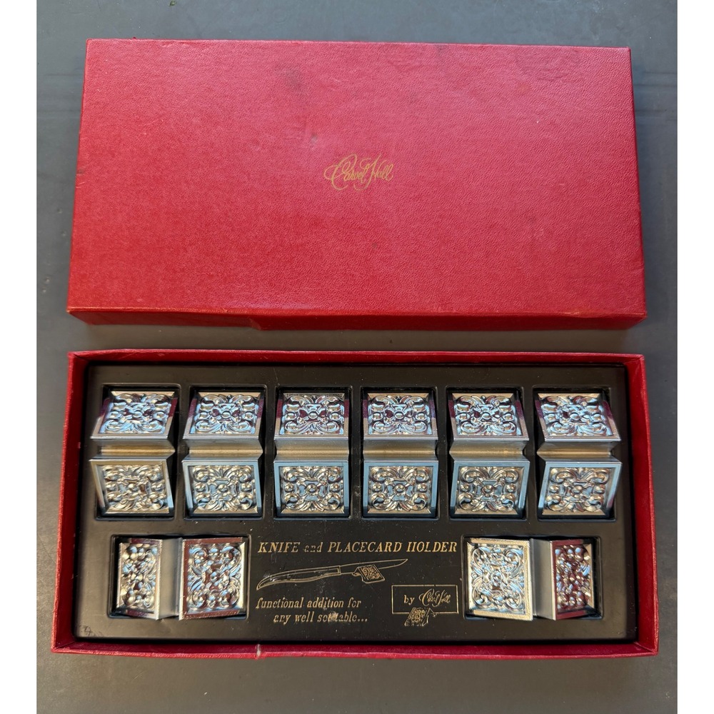 Vintage Carvel Hall Silver Tone Knife and Place Card Holders Set of 8 with Box